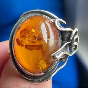 Vintage 90s Sterling Silver Baltic Amber Ring - Bohemian Whimsigoth sz 8